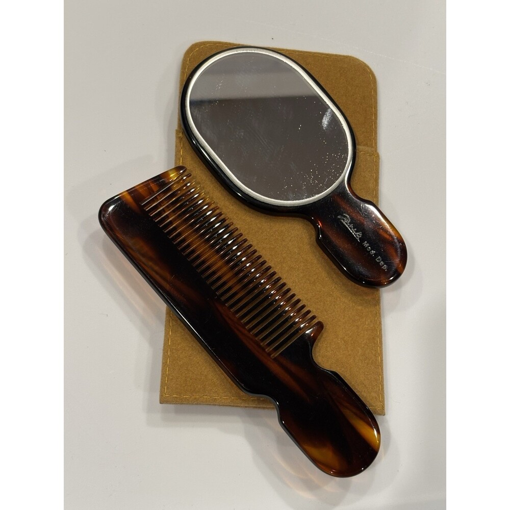 Vintage Faux Tortoise Shell Comb & Mirror Set With Suede Case